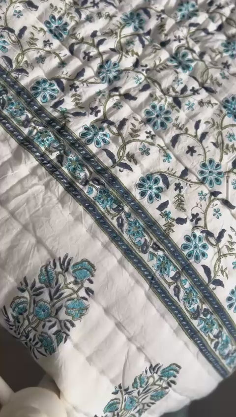 Maharaja border King Size Quilt in Blue and Olive