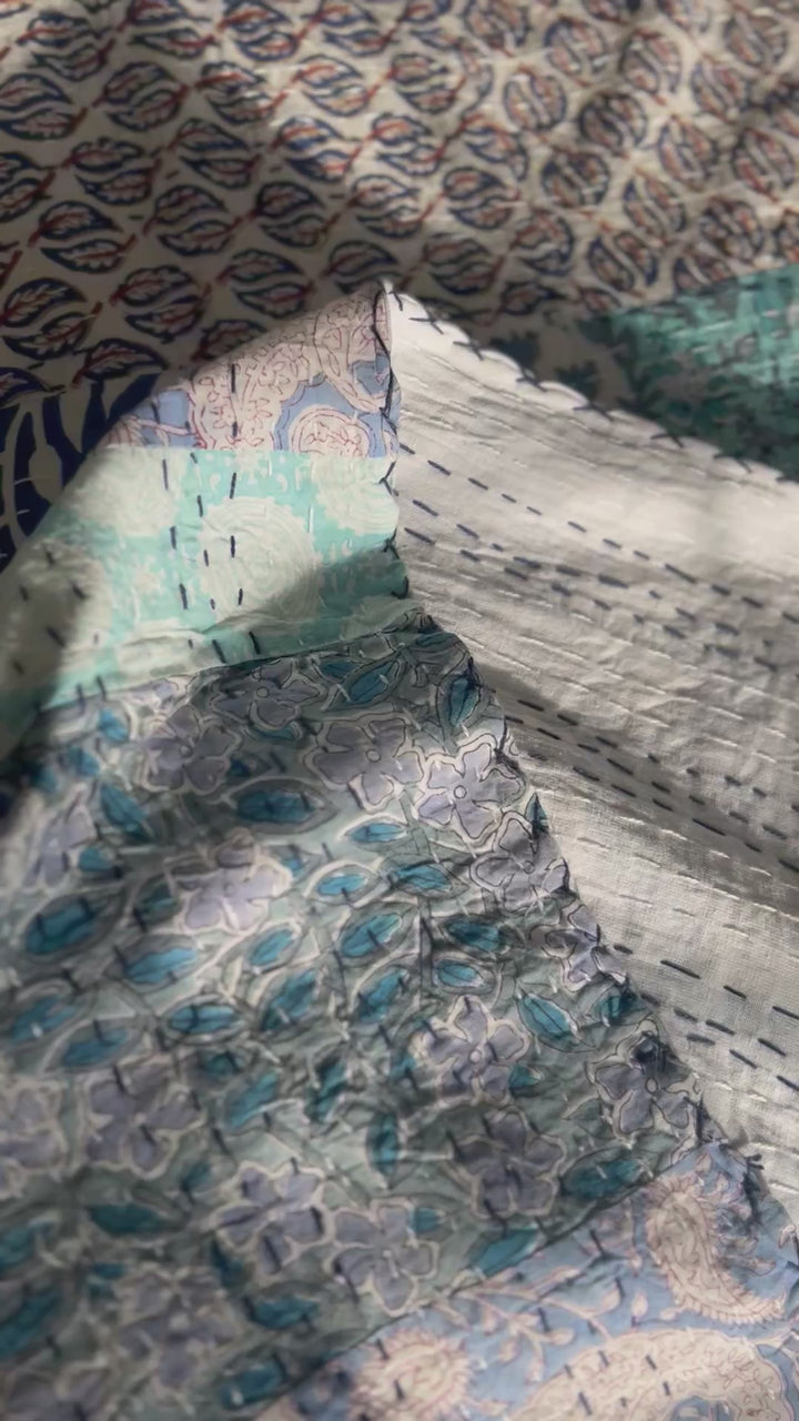 Patchwork Kantha in Celestial Blue and Aqua